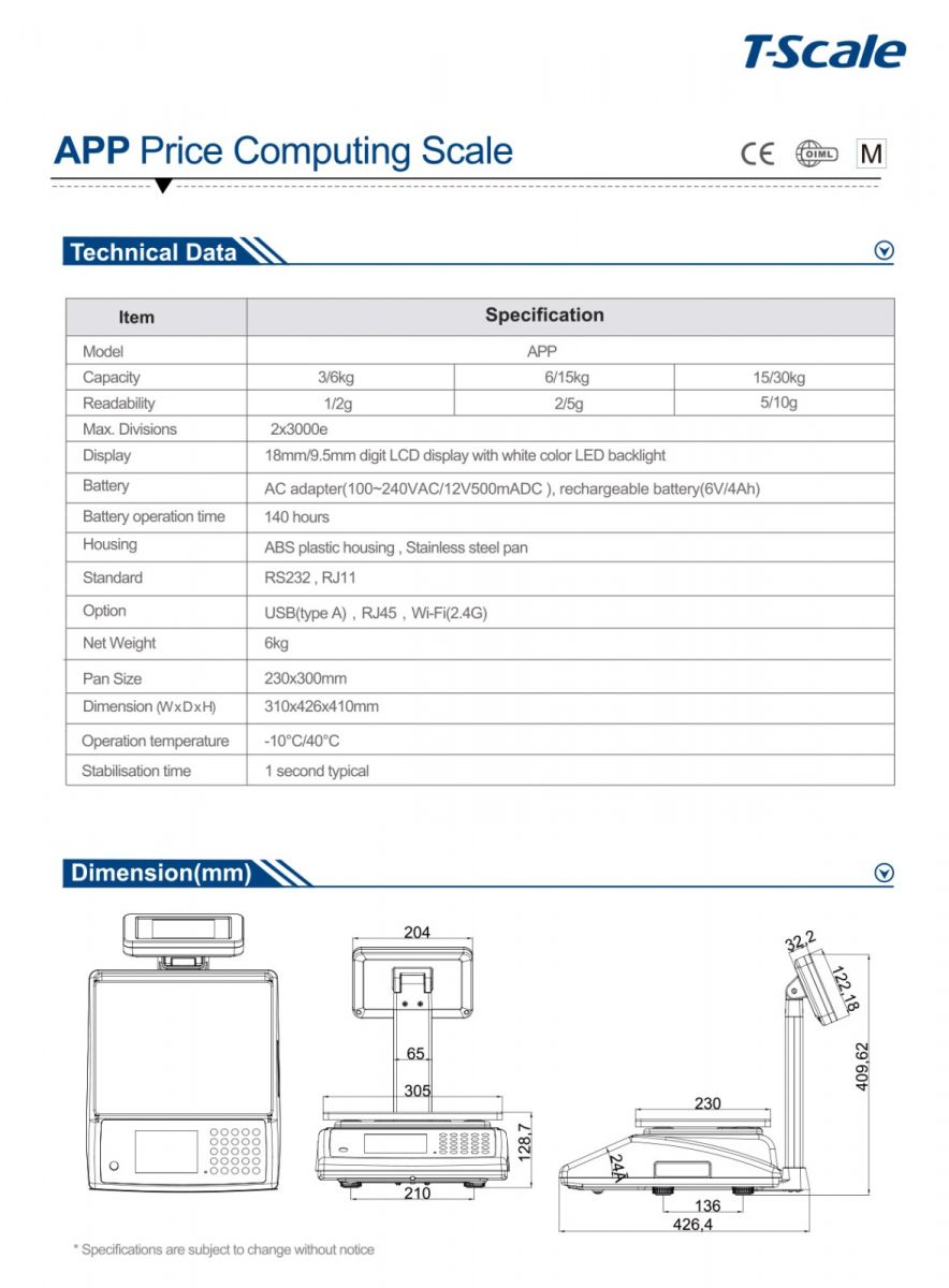 Thông số kỹ thuật cân điện tử tính tiền Tscale APP