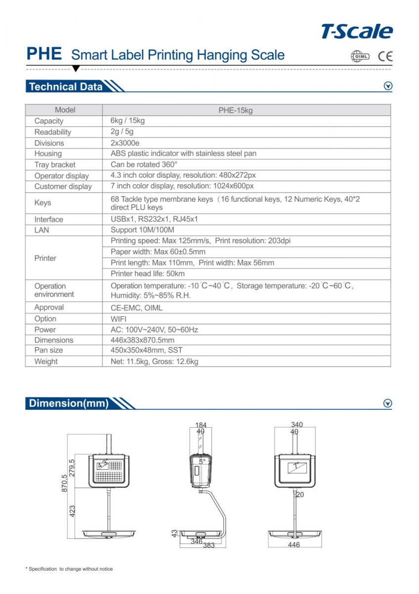 Thông số kỹ thuật Cân treo in nhãn thông minh PHE 15K